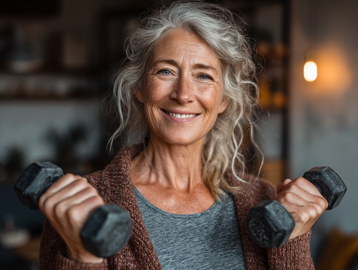 Щаслива жінка старшого віку демонструє результати тренувань